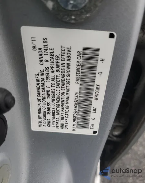 2012 Honda Civic Lx из США, поврежденный, VIN 2HGFB2F53CH524375